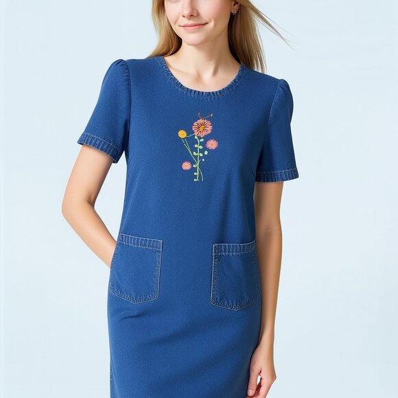 VTG Blair Denim Shift Dress Small Embroidered Flowers Pockets Cottagecore - Picture 1 of 7